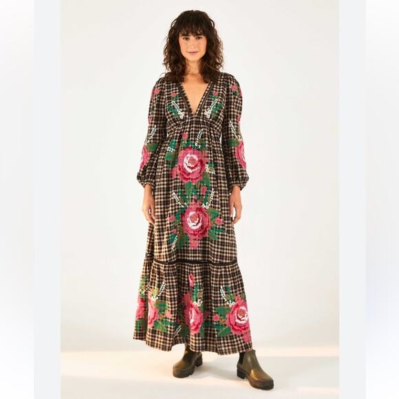 FARM RIO rooster cross stitch plaid maxi floral Prairie dress size extra small